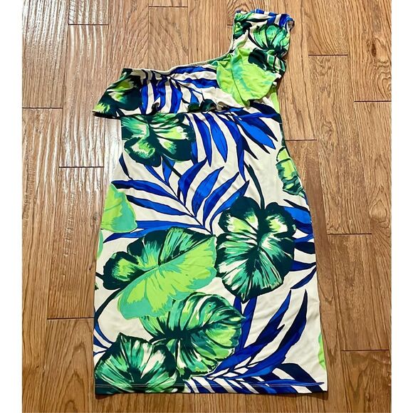 Joseph Ribkoff palm floral one shoulder ruffle dress 10 - Picture 8 of 8